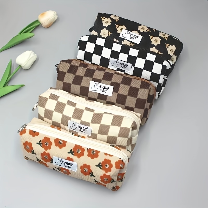 Large Capacity Corduroy Pencil Case With Checkered And Flower Pattern -  Perfect Student Stationery Storage Box For Boys And Girls - Organize Pencils,  Makeup, And More - Temu