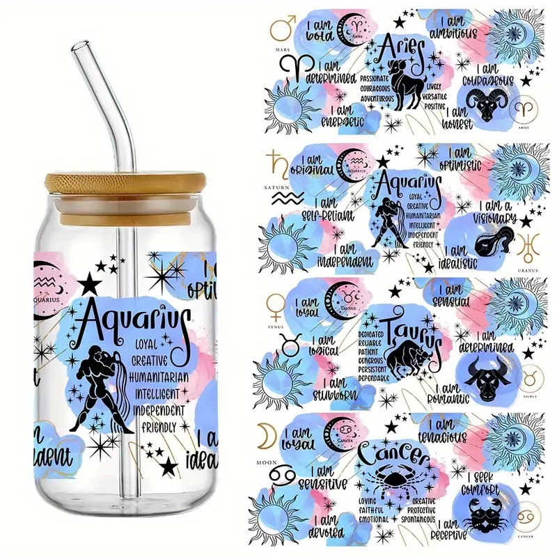 4pcs/set Zodiac UV DTF Cup Wraps Decals Transfer Printing Waterproof  Self-adhesive Stickers For Mug Water Bottle Cup, DTF Transfer Sticker For  16oz Gl