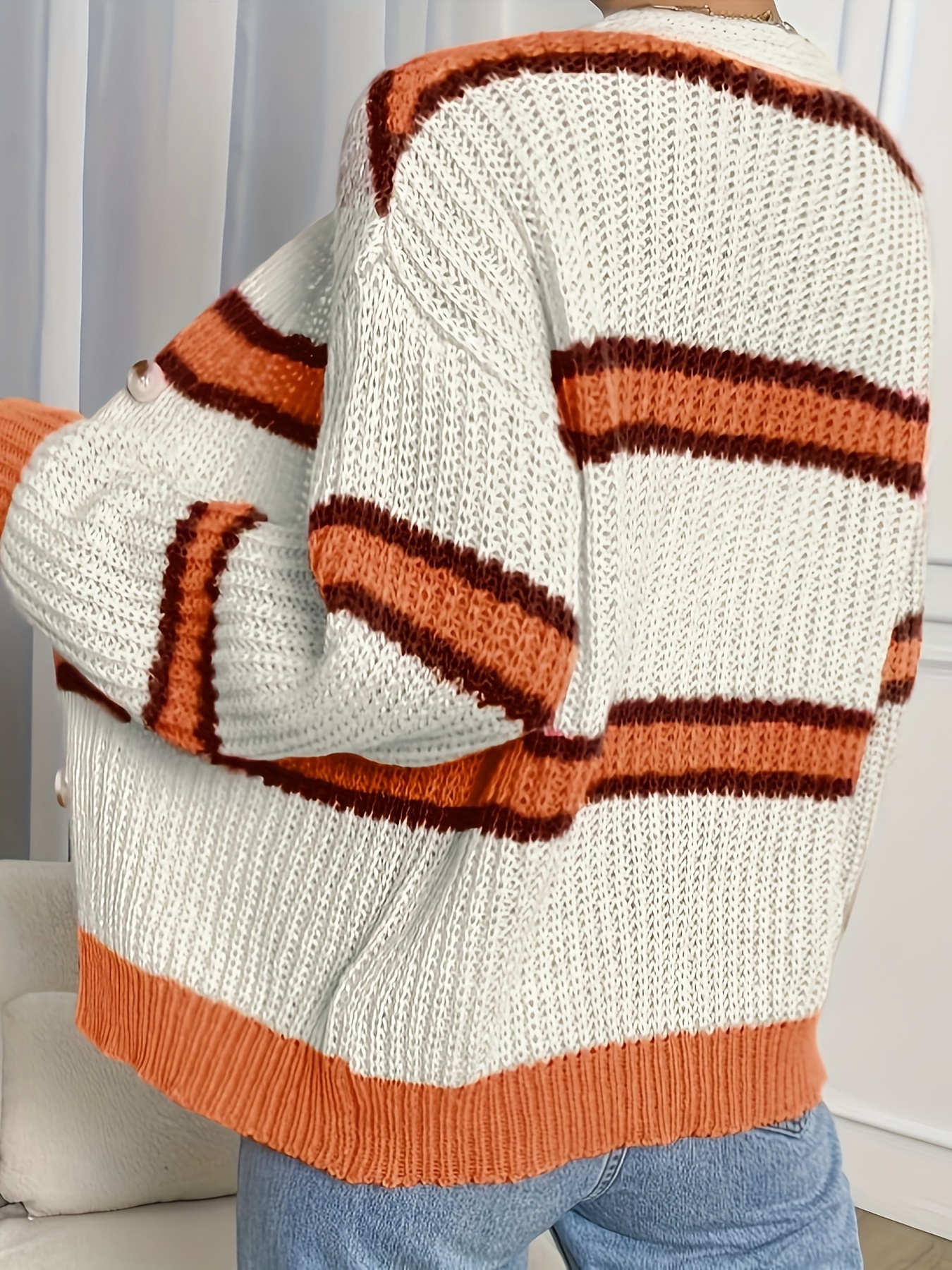 Women'S Elegant Striped Cardigan with Button Front Light Blue White,  Long Sleeve, Open Front Design Casual or Chic Outfits Wear Striped