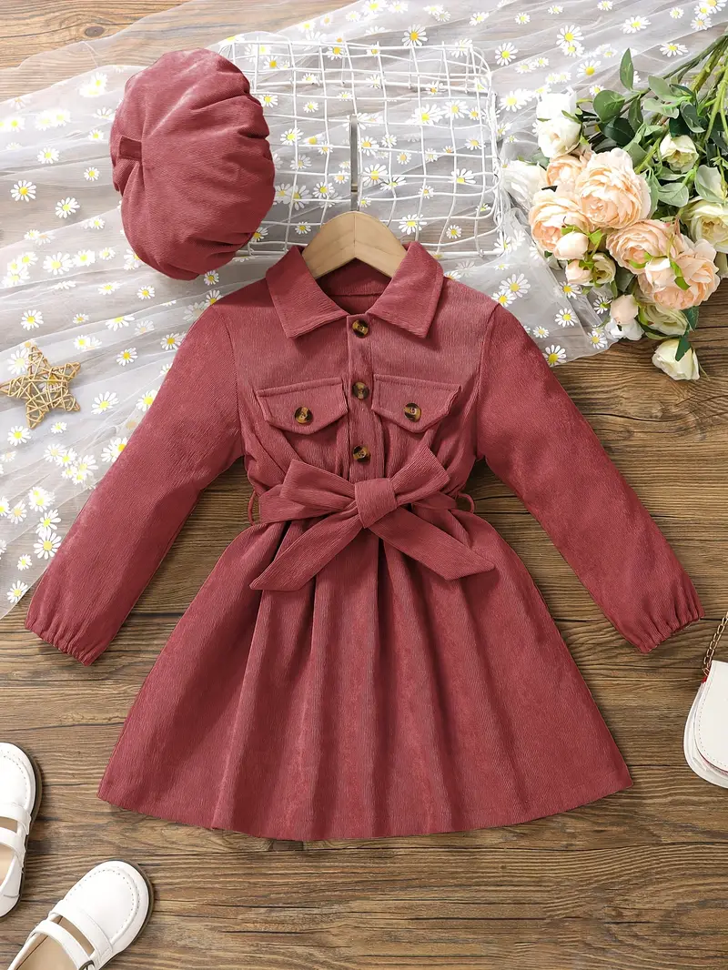 girls casual dress corduroy button front collar neck dresses with belt and hat set trendy kids autumn outfit details 28