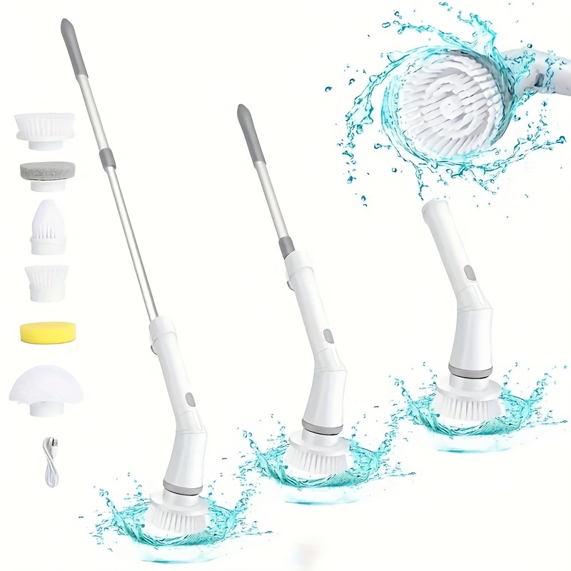 7pcs/set Electric Spin Scrubber , Cordless Spin Scrubber With 6 Replaceable  Brush Heads And Extension Handle, Power Cleaning Brush For Bathroom Floor
