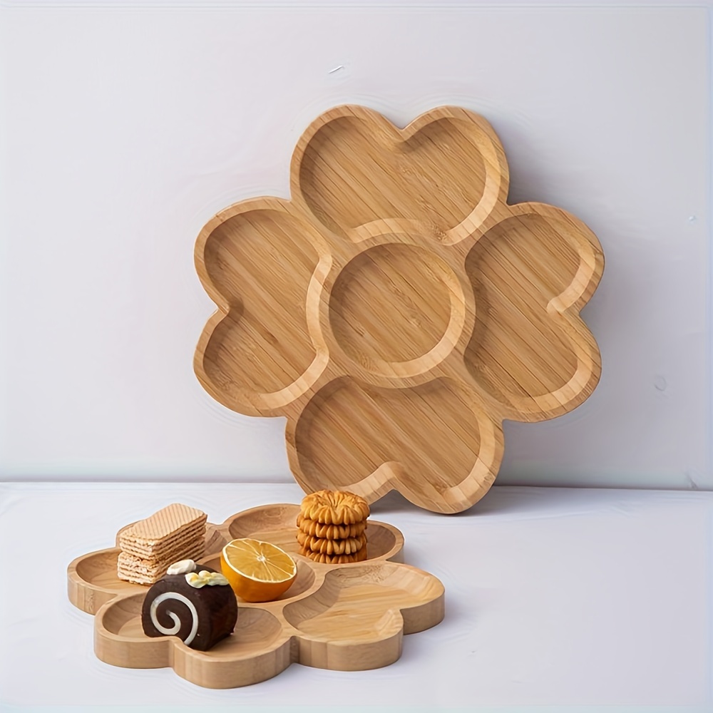 

1pc, Bamboo Wooden Tray, Flower-shaped Tray With Compartments, Breakfast Fruit Dish, Home Dining, Tea Time Cake Platter, Serving Tray, Table Decors