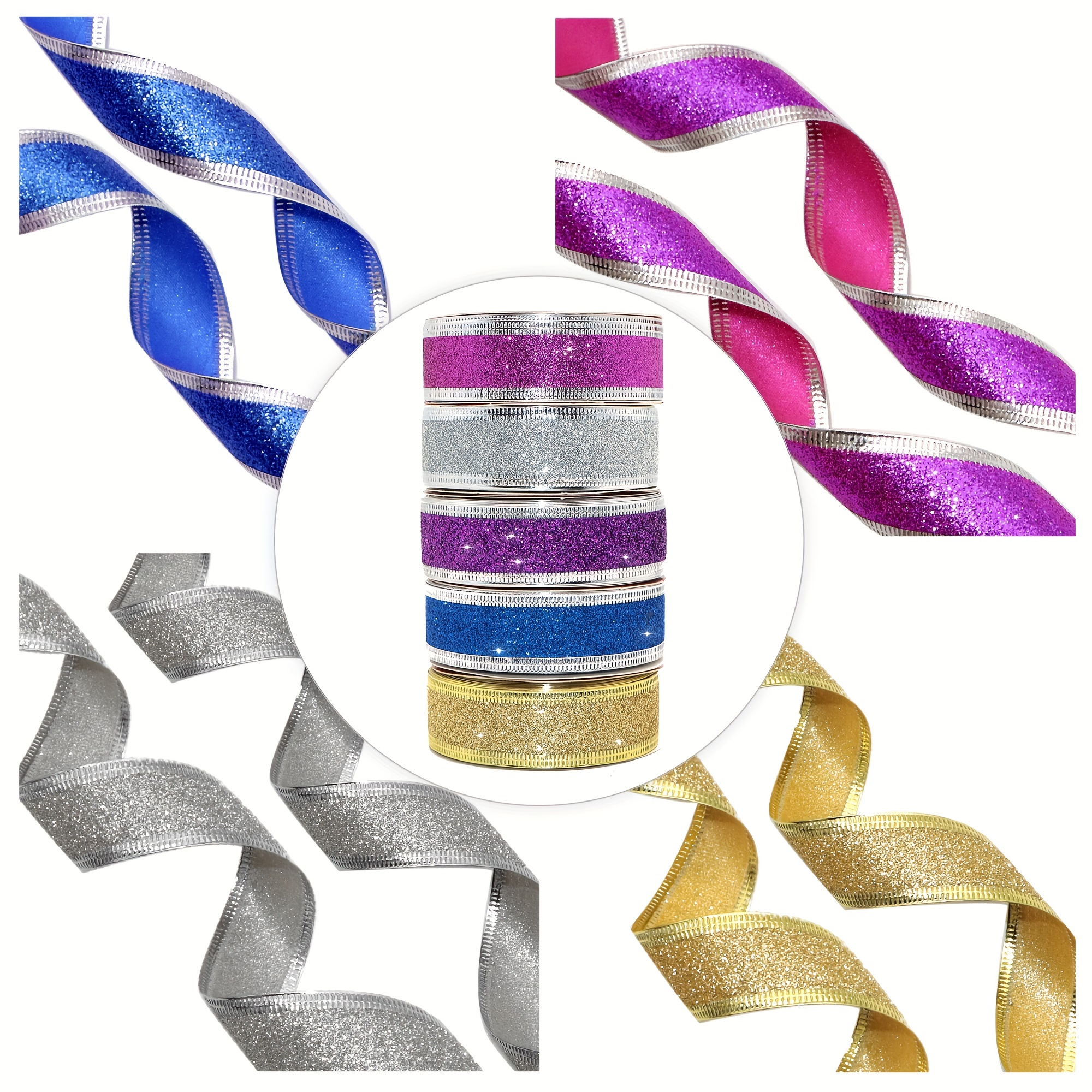  Glitter Ribbon Wired Christmas Ribbons Silver, Red
