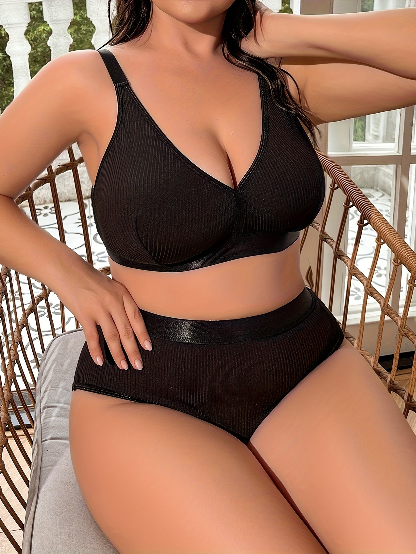 Plus Size Simple Lingerie Set Women's Plus Solid Ribbed Full - Temu Germany