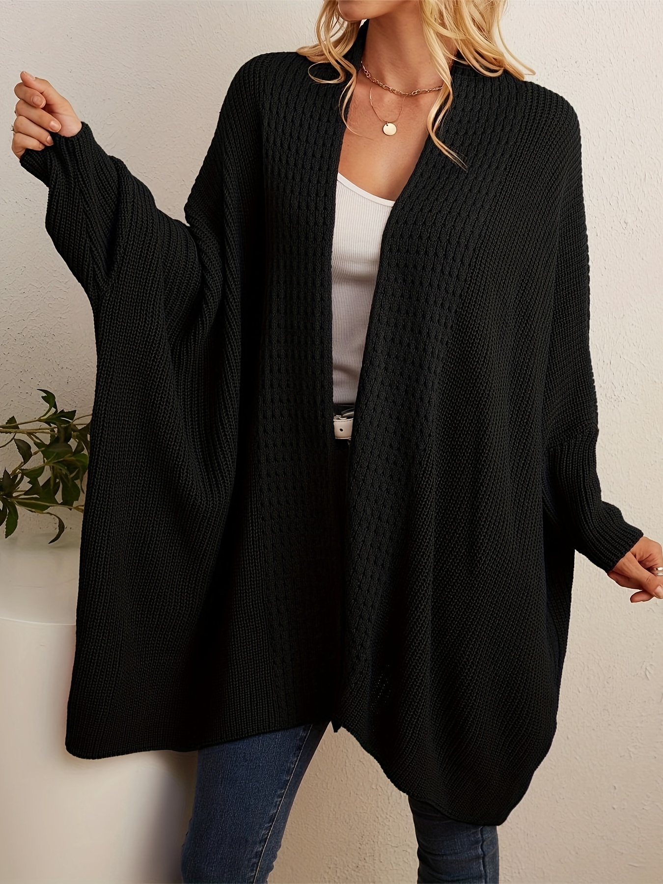 Solid Open Front Knit Cardigan Casual Batwing Sleeve - Temu