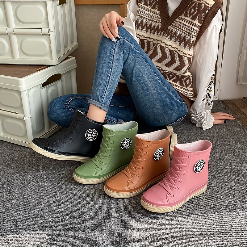 Women's Lace Up Rain Boots, Slip-on Round Toe Solid Color