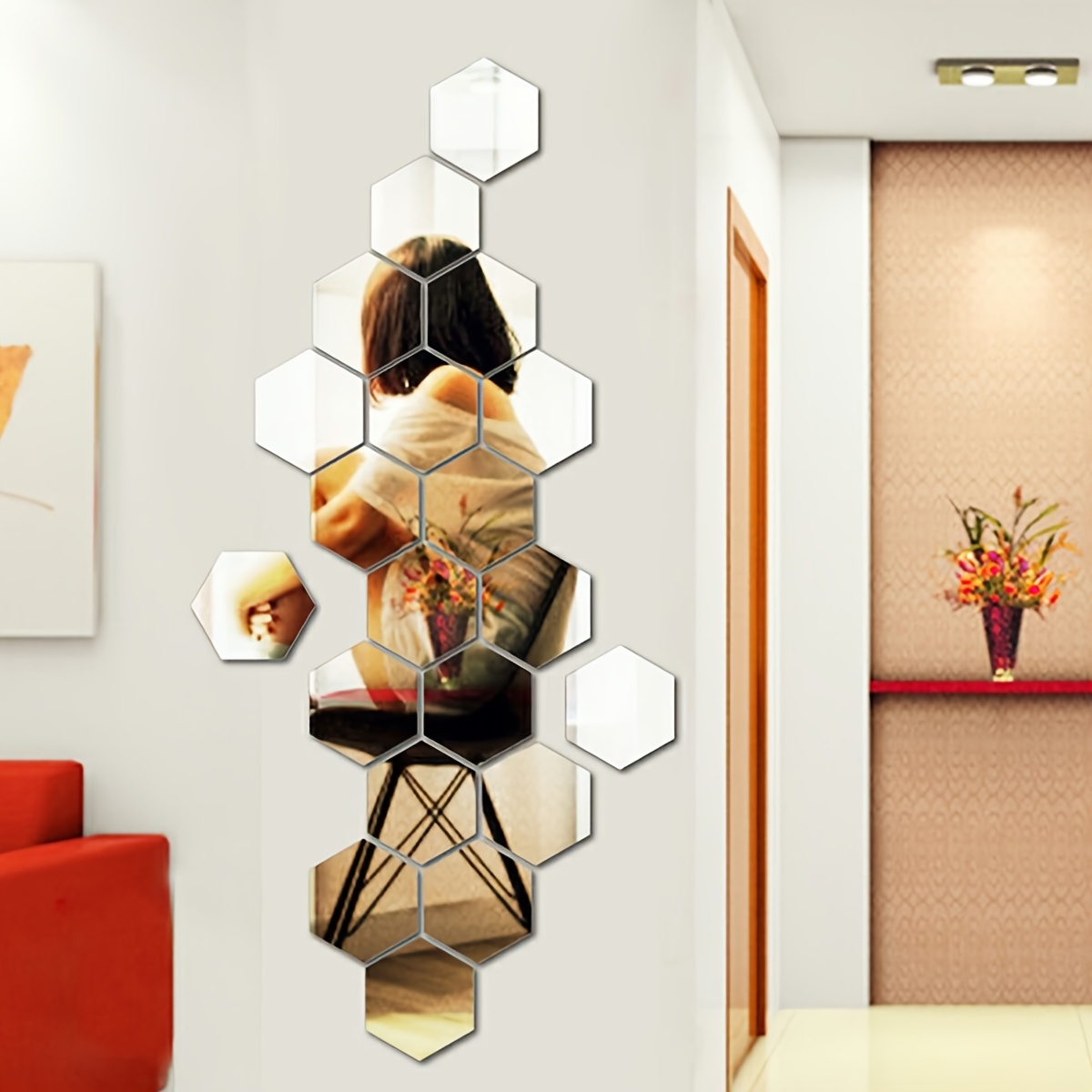  15 espejos hexagonales adhesivos, espejo acrílico, para  decoración del hogar, sala de estar, dormitorio (tamaño grande) :  Herramientas y Mejoras del Hogar
