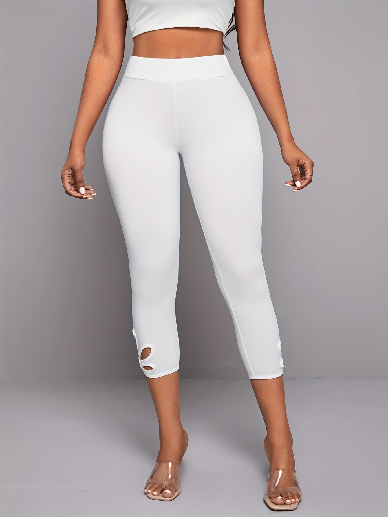 Solid Cutout Skinny Capris Leggings Casual Every Day - Temu Canada