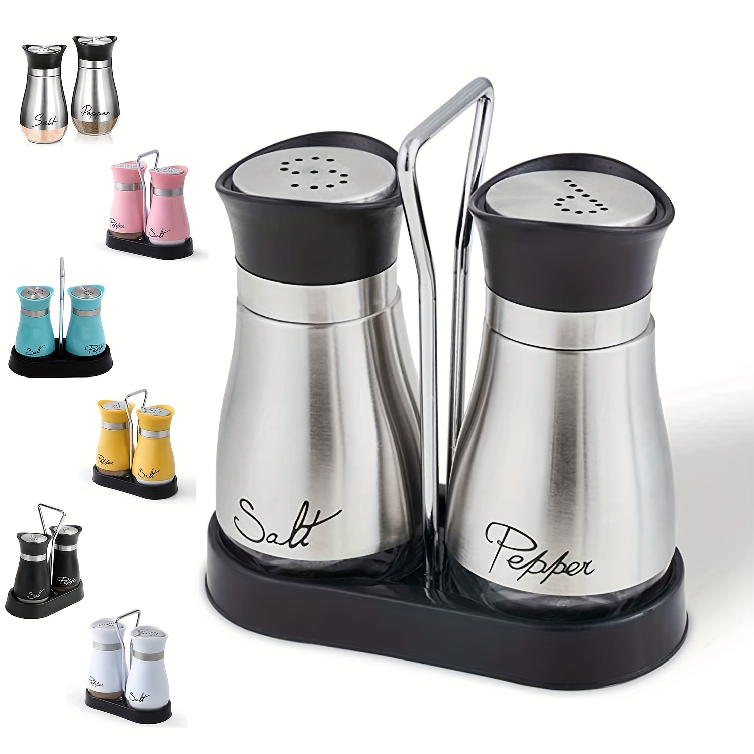 Salt and Pepper Shakers - Spice Dispenser with Adjustable Pour Holes - Stainless Steel & Glass - by Smart House Inc (2, Black)