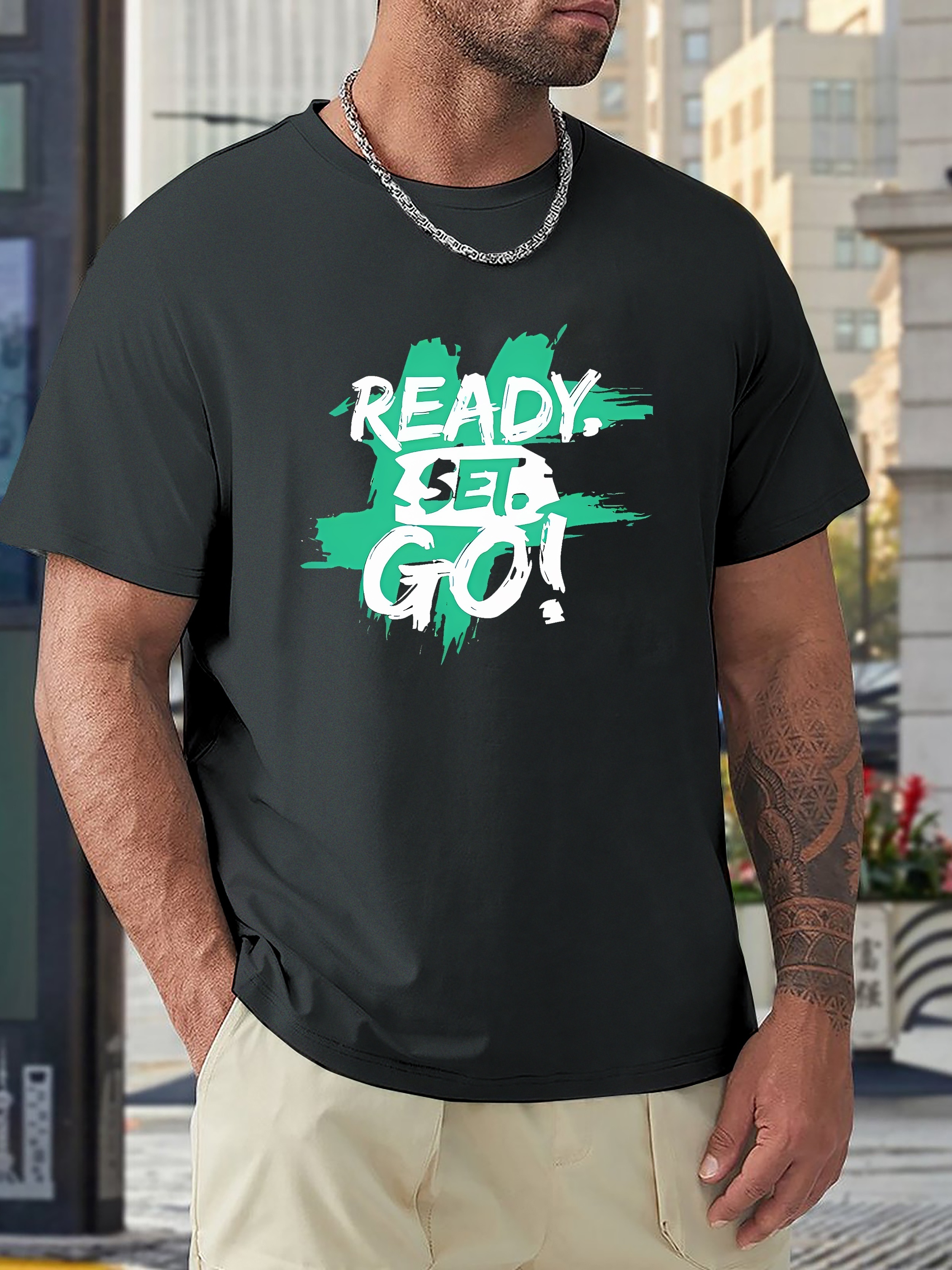 Ready Set Go Pattern Print Mens Comfy Sports T Shirt Graphic Tee