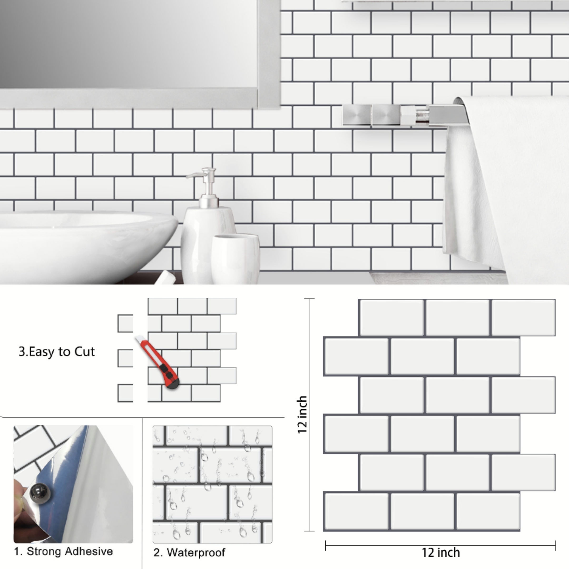 10 Sheets Waterproof 3D Tile Stickers Kitchen Bathroom Backsplash