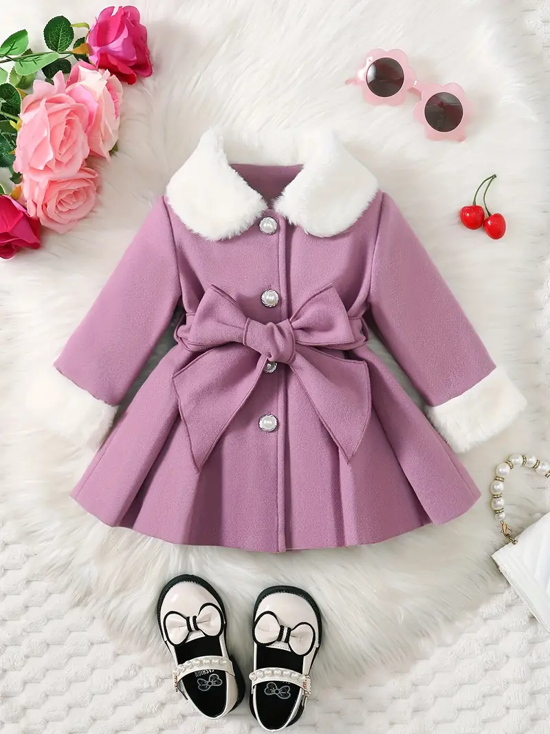 toddler baby girls winter fall stylish tweed dress coat toddler kids furry collar tunic trench coat single breasted windbreaker jacket details 5