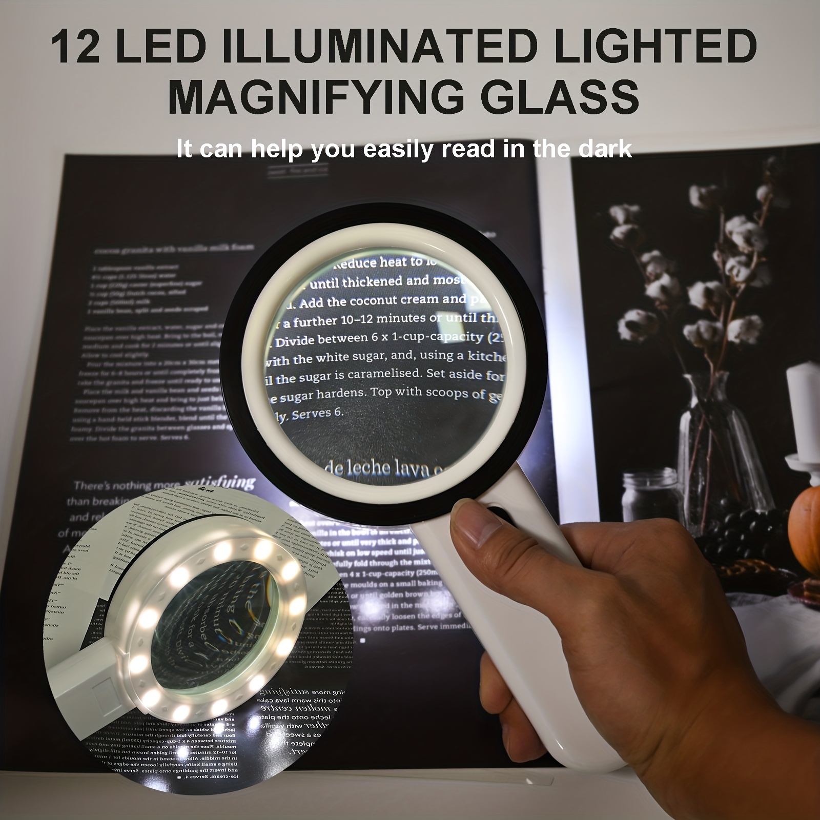 Lupa con 12 luces LED, lente de vidrio doble 30X, lupa iluminada de mano,  lupa de lectura con para personas mayores, leer, monedas, sellos, mapa