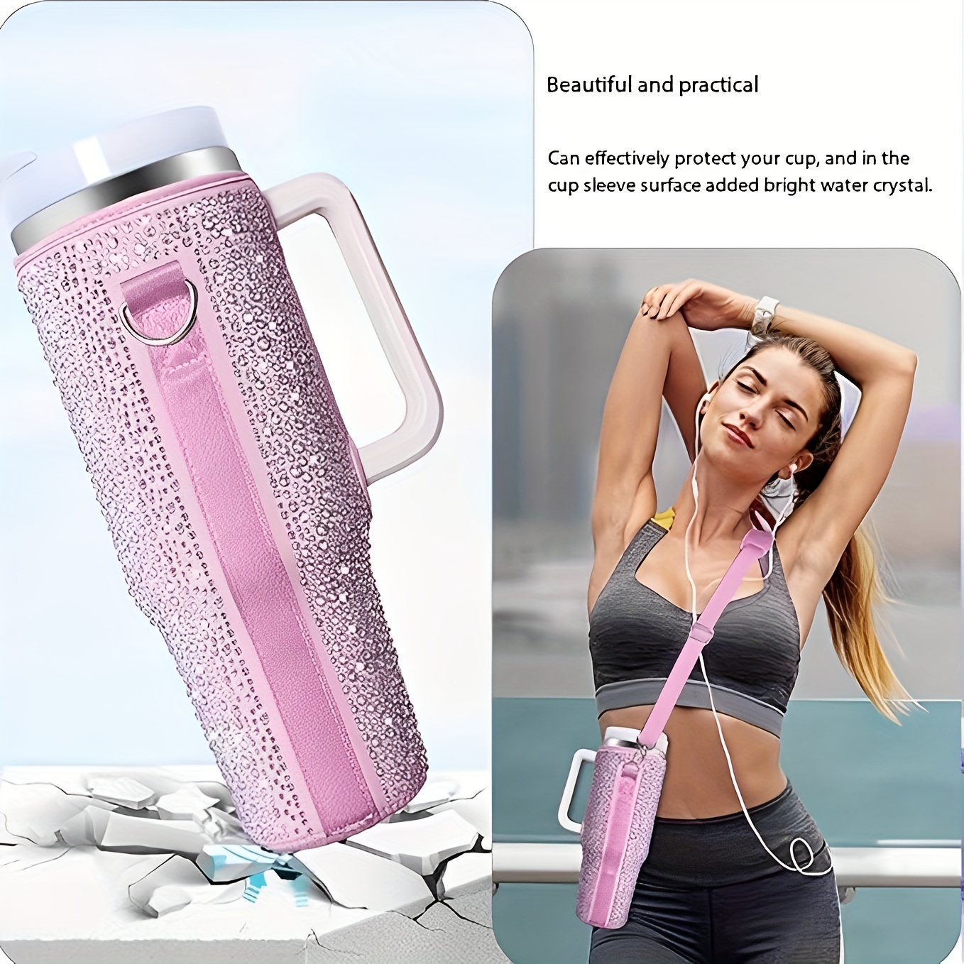 Neoprene Water Bottle Carrier Bag With Adjustable Strap, Rhinestone Decor  Water Cup Holder For Stanley Tumbler, Cup Accessories, (cup Not Included) -  Temu