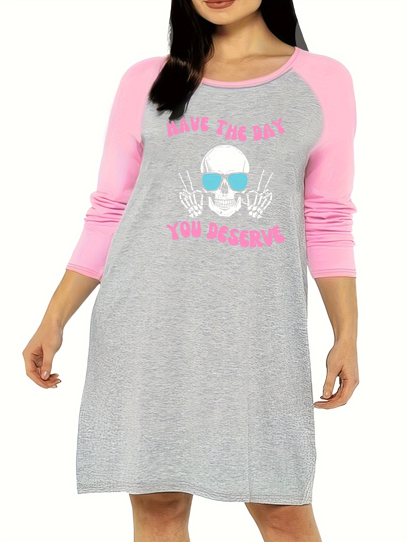 Funny Skull Print Raglan Sleeve Tee Sleep Dress