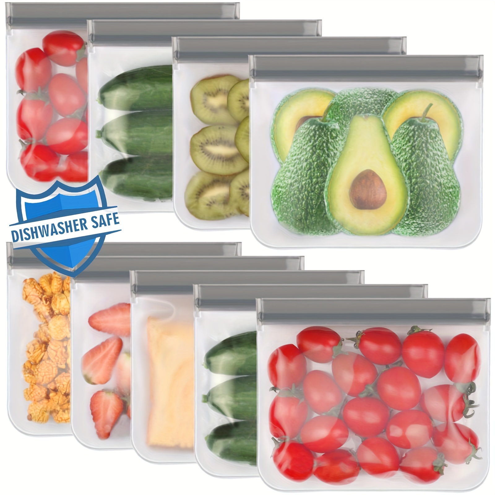 10 Pack Reusable Ziplock Bags Silicone, Leakproof Reusable Freezer Bags,  BPA Free Reusable Storage Bags for Lunch Marinate Food Travel(Grey) - 3  Gallon 4 Sandwich 3 Snack Bags 