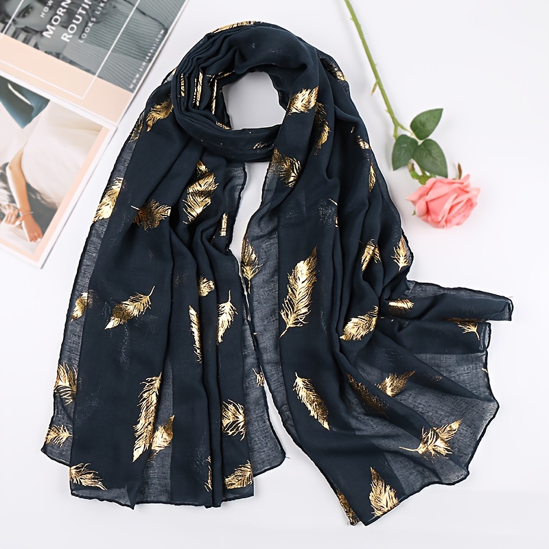 1pc Women's Elegant Feather-Printed Golden Scarf - Lightweight & Windproof Shawl Wrap for Casual Outings, Machine Washable Fashion Accessory, Scarf for Hair, Stylish Hair Wrap, Sophisticated Print, Easy Care Material, Soft Fabric, Outdoor Wear