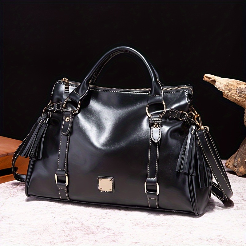 Classic Soft Faux Leather Tassel Handbag Women's Shiny Tote - Temu