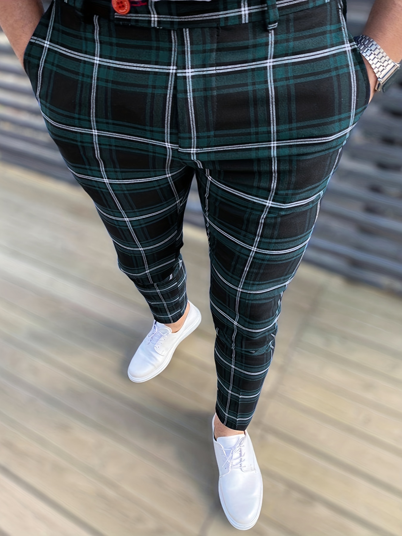 Men's Fashion Stretch Dress Pants Slim Fit Plaid Skinny Long Pants