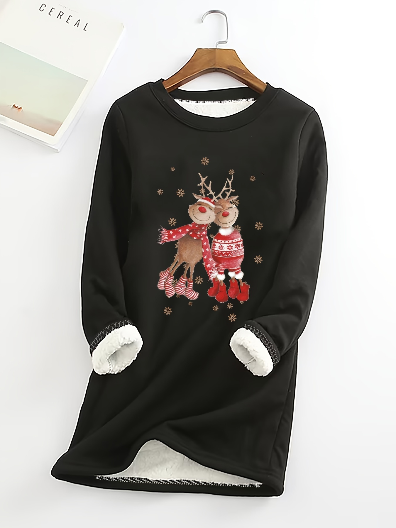 Christmas Reindeer Print Fleece Sweatshirt, Casual Long Sleeve ...