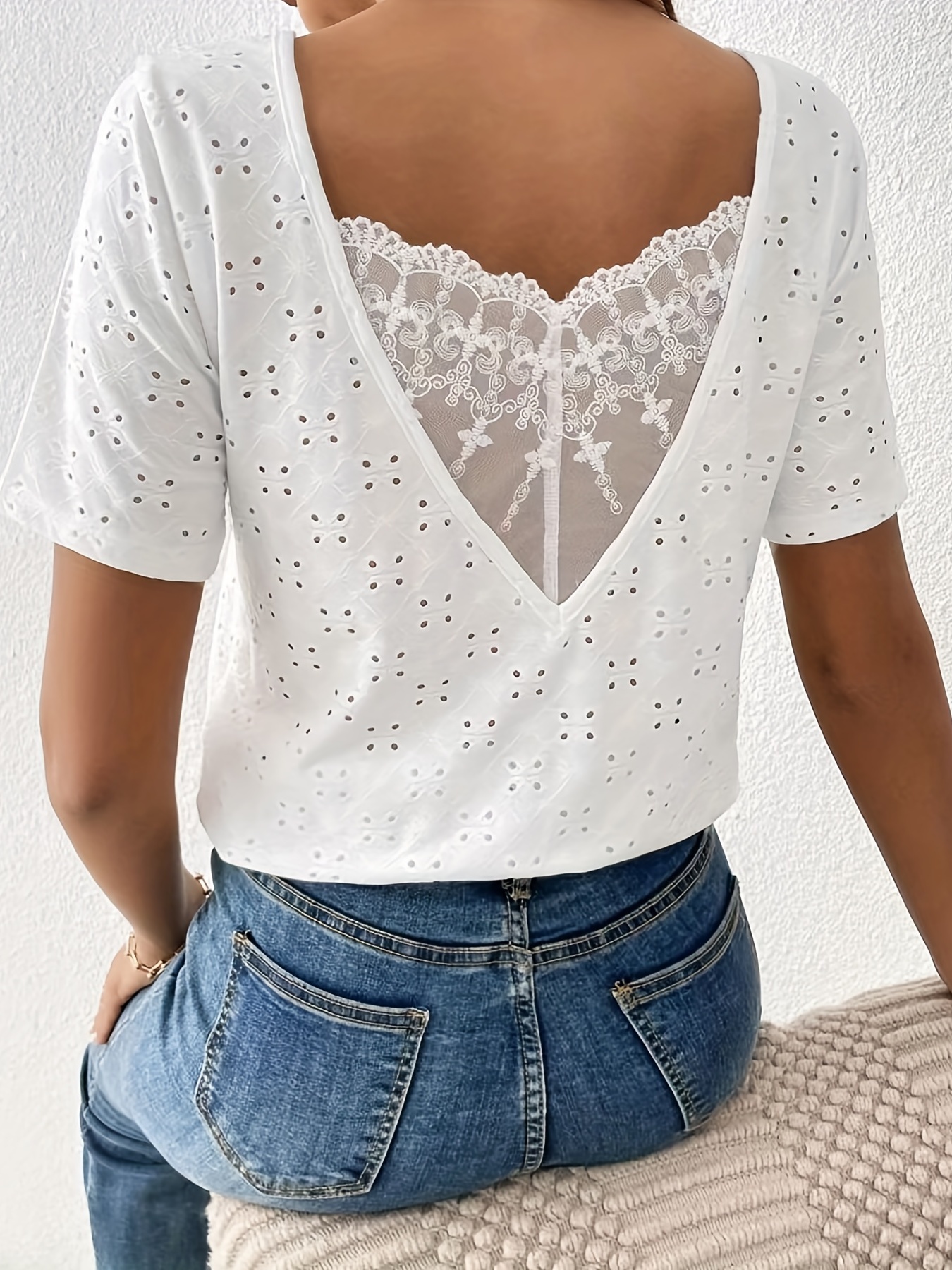 Solid Contrast Lace T-shirt, Casual Crew Neck Short Sleeve Summer T-shirt,  Women's Clothing