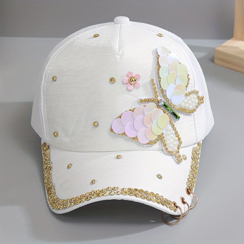 Y2K Butterfly Baseball Cap Rhinestone Sequin Pearl Cotton Hat