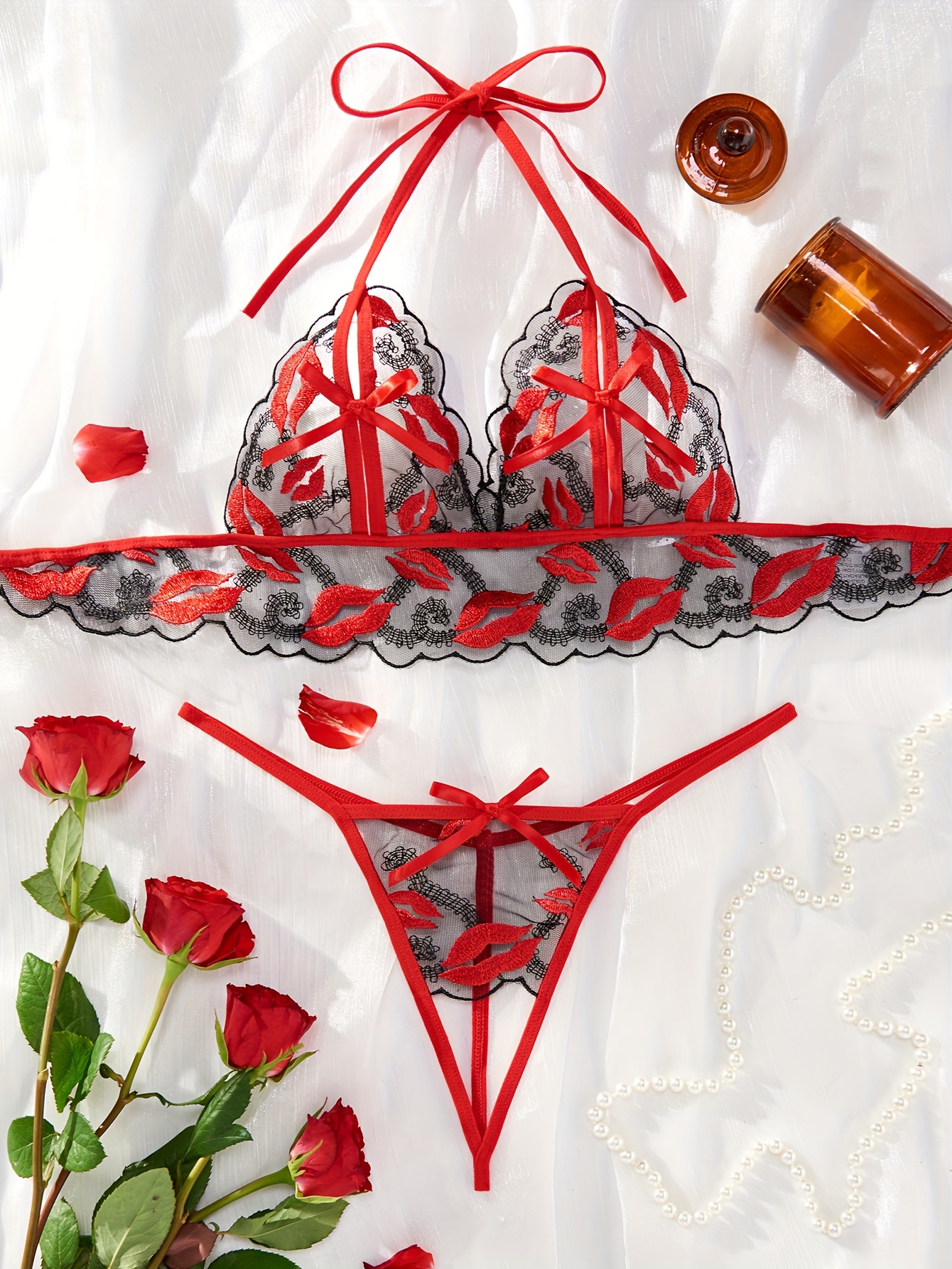 Fuzzy Trim Valentine's Day Lingerie Set, Lace Stitching Push Up Bra &  Thong, Women's Sexy Lingerie & Underwear