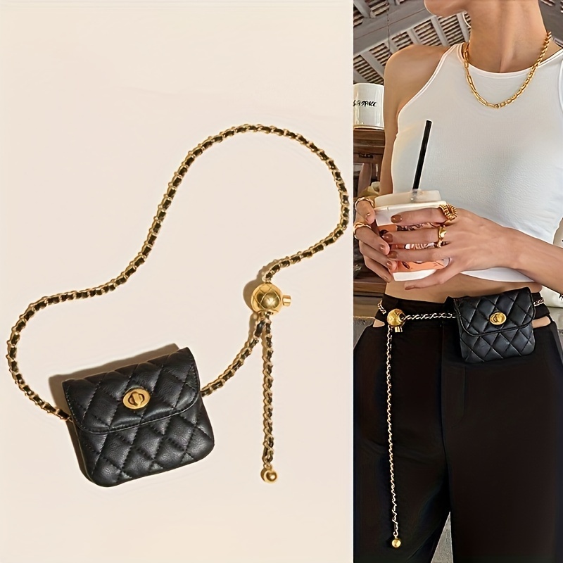 

Mini Chain Belt Bag For Women, Argyle Quilted Waist Purse, Fashion Faux Leather Fanny Pack Bum Bag Fanny Pack