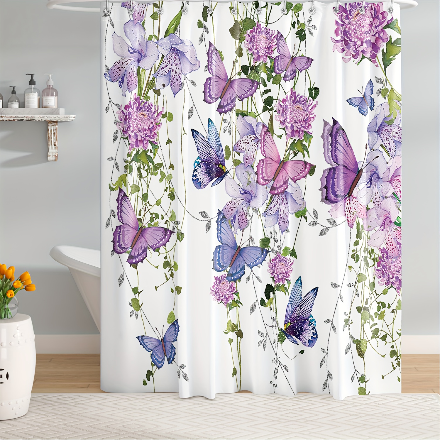 Lavender Print Shower Curtain Set Bath Mats Rugs Flowers Bathroom