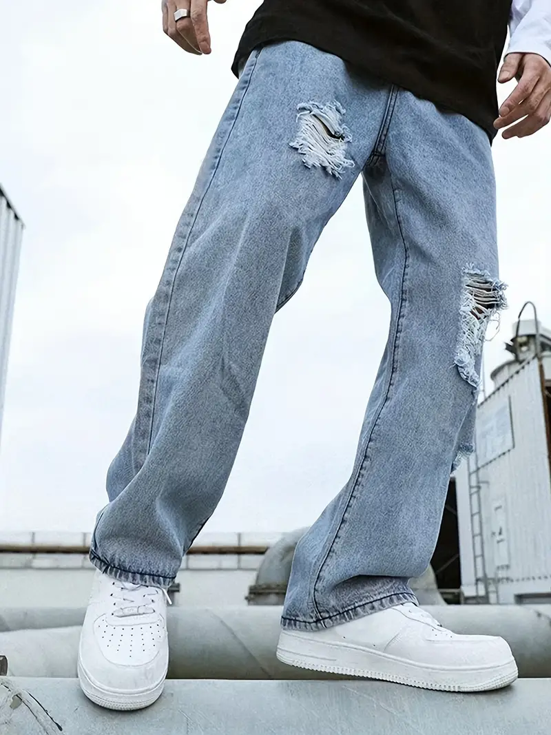 Casual Street Style Loose Fit Ripped Cotton Jeans Men's - Temu