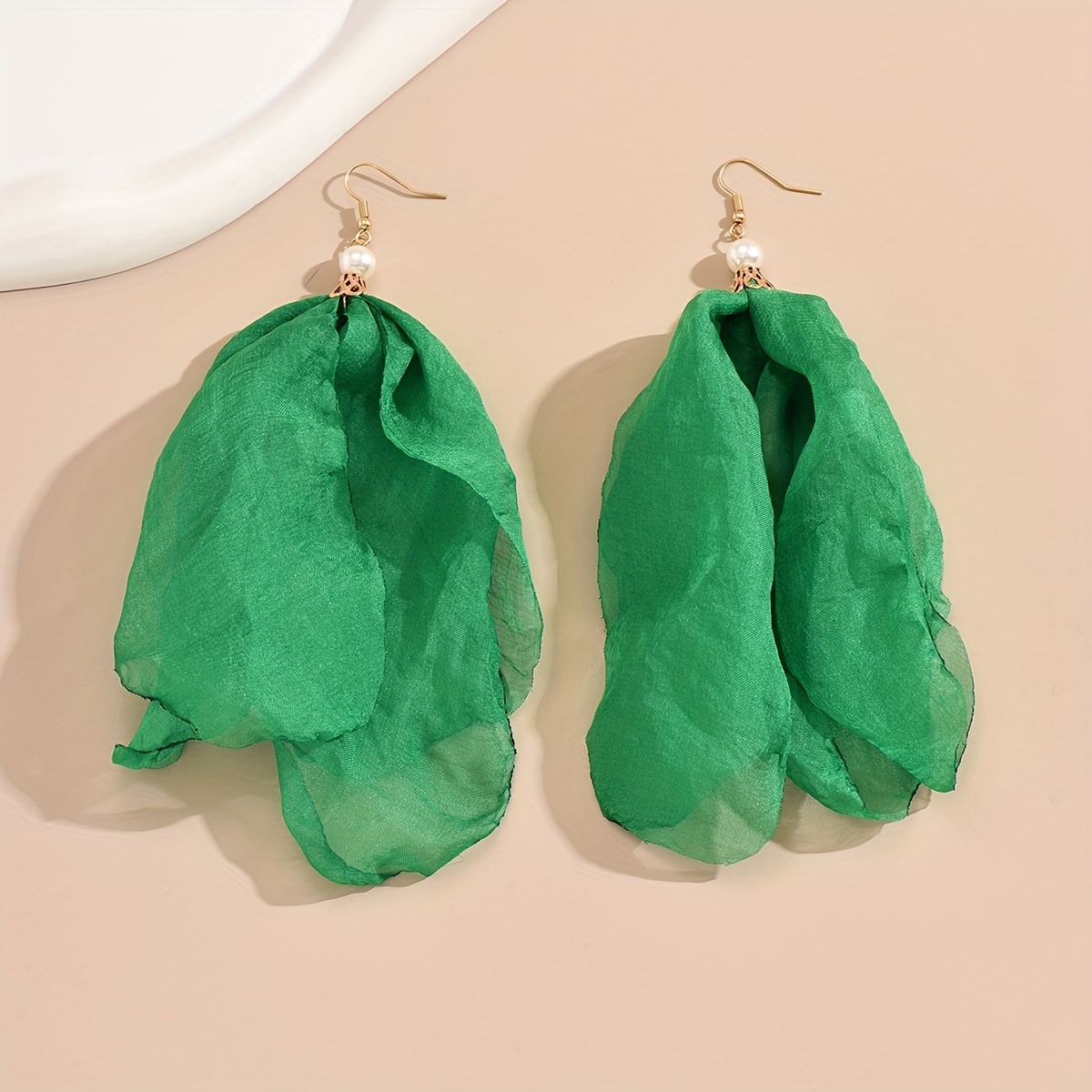 Green Yellow Fabric Flower Earrings with Faux Pearl Dangle
