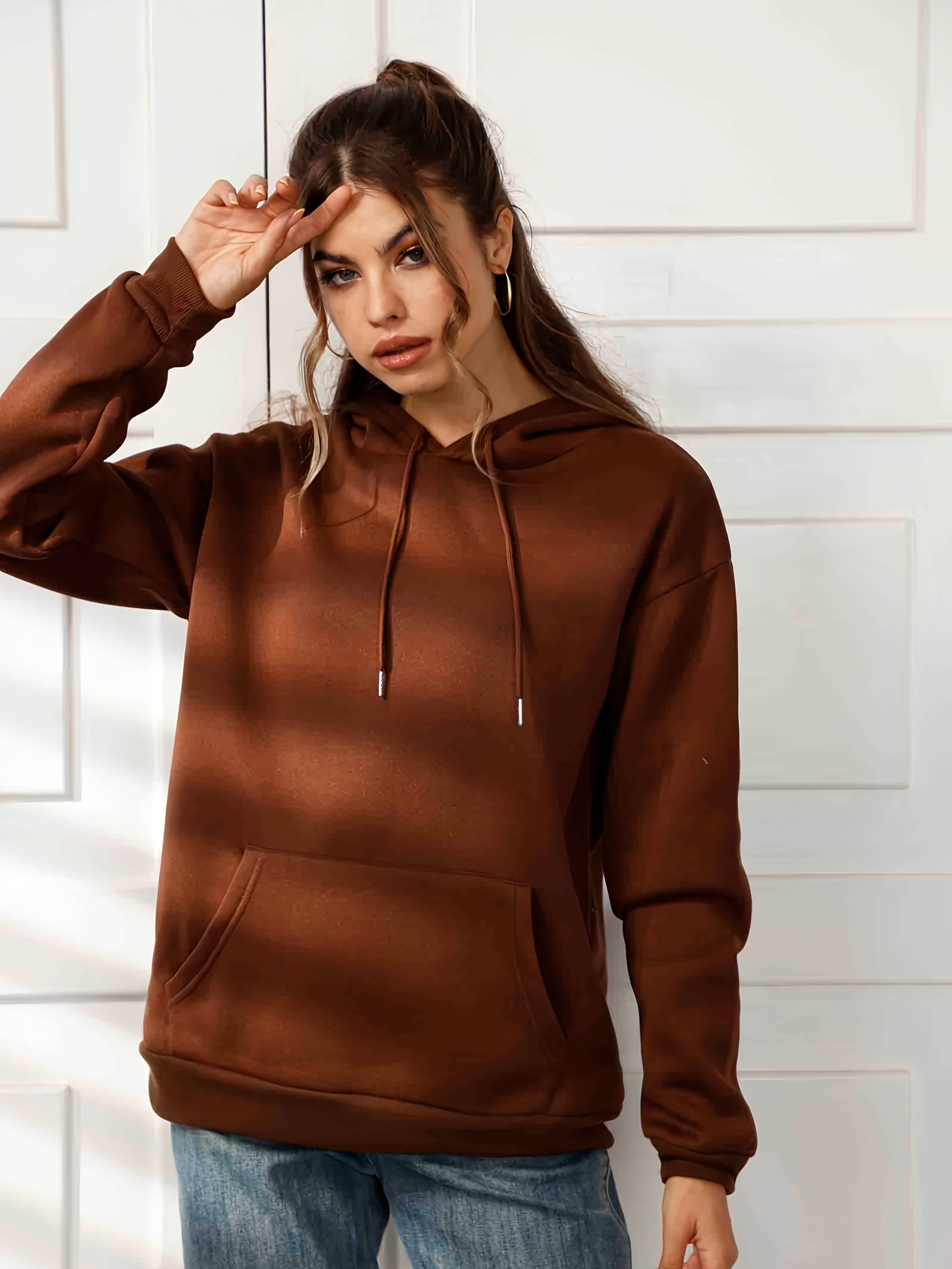 Solid Color Pocket Rib-Knit Hooded Pullover Shirt, Women's Drawstring Sleeve Hoodies Kangaroo Pocket Casual Women's Clothing Women's Sweater,$12.99