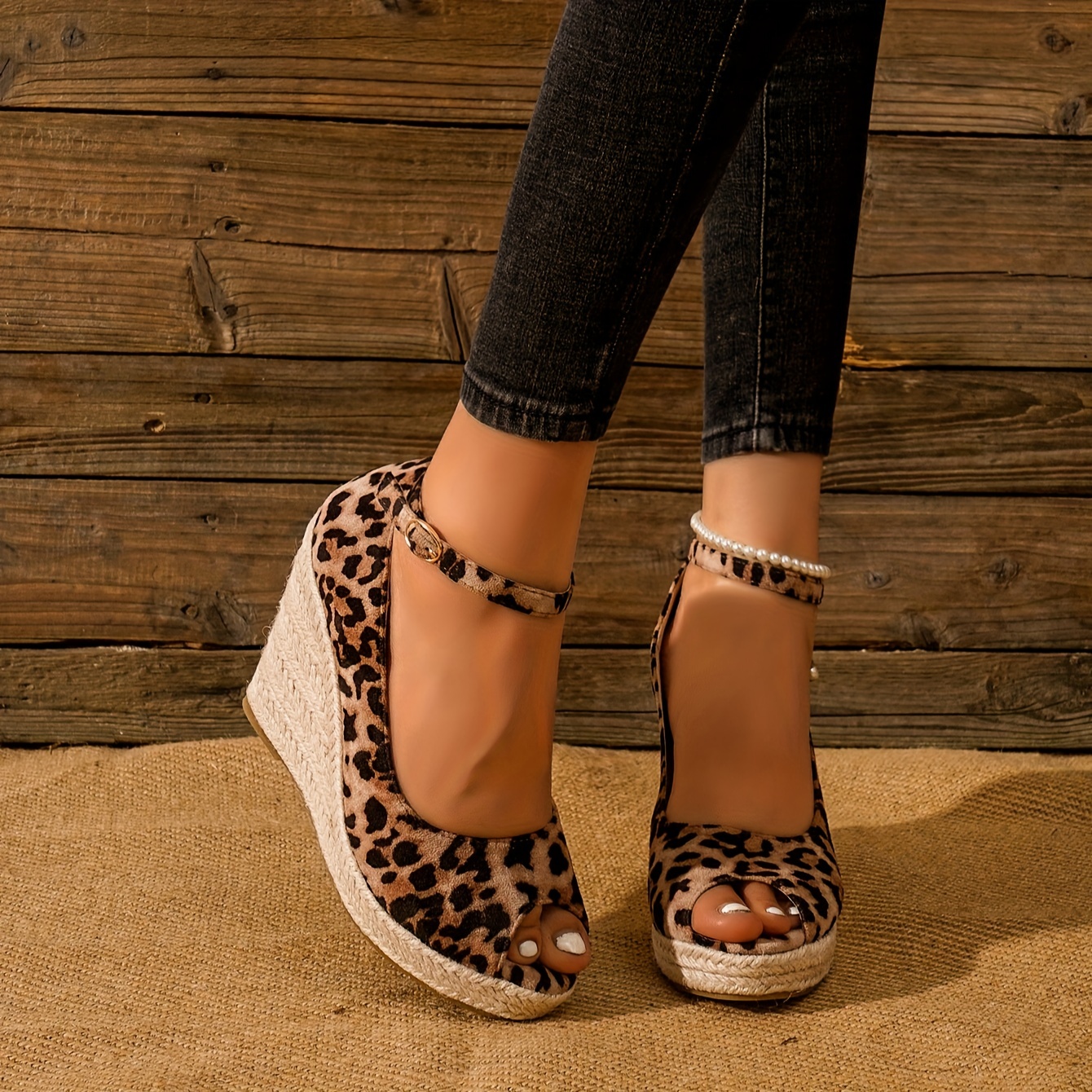 Peep Toe Ankle Strap Wedge Sandals High Heels Comfy Micro Suede