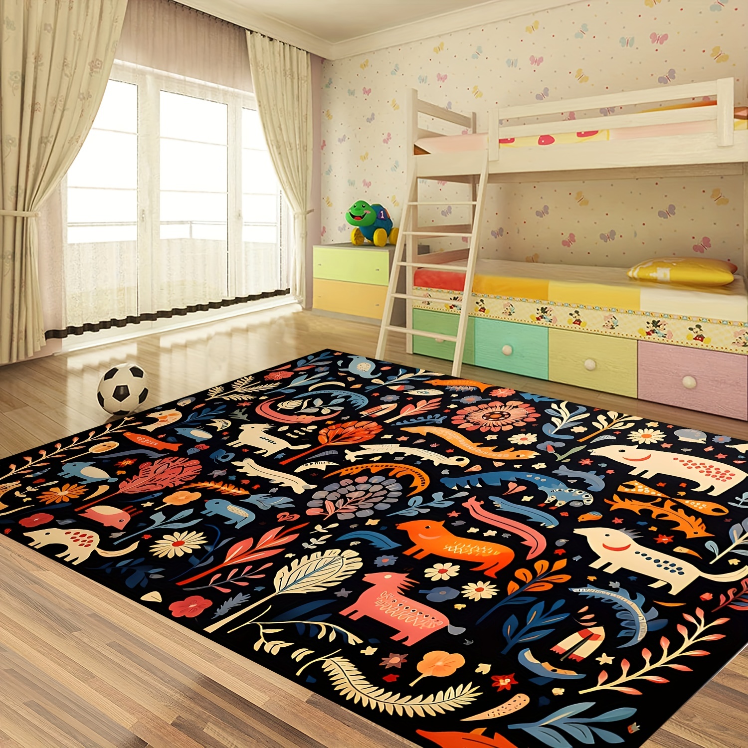 Tapis Enfant Carreaux Motif Forêt Animaux Ours Et Renard Beige