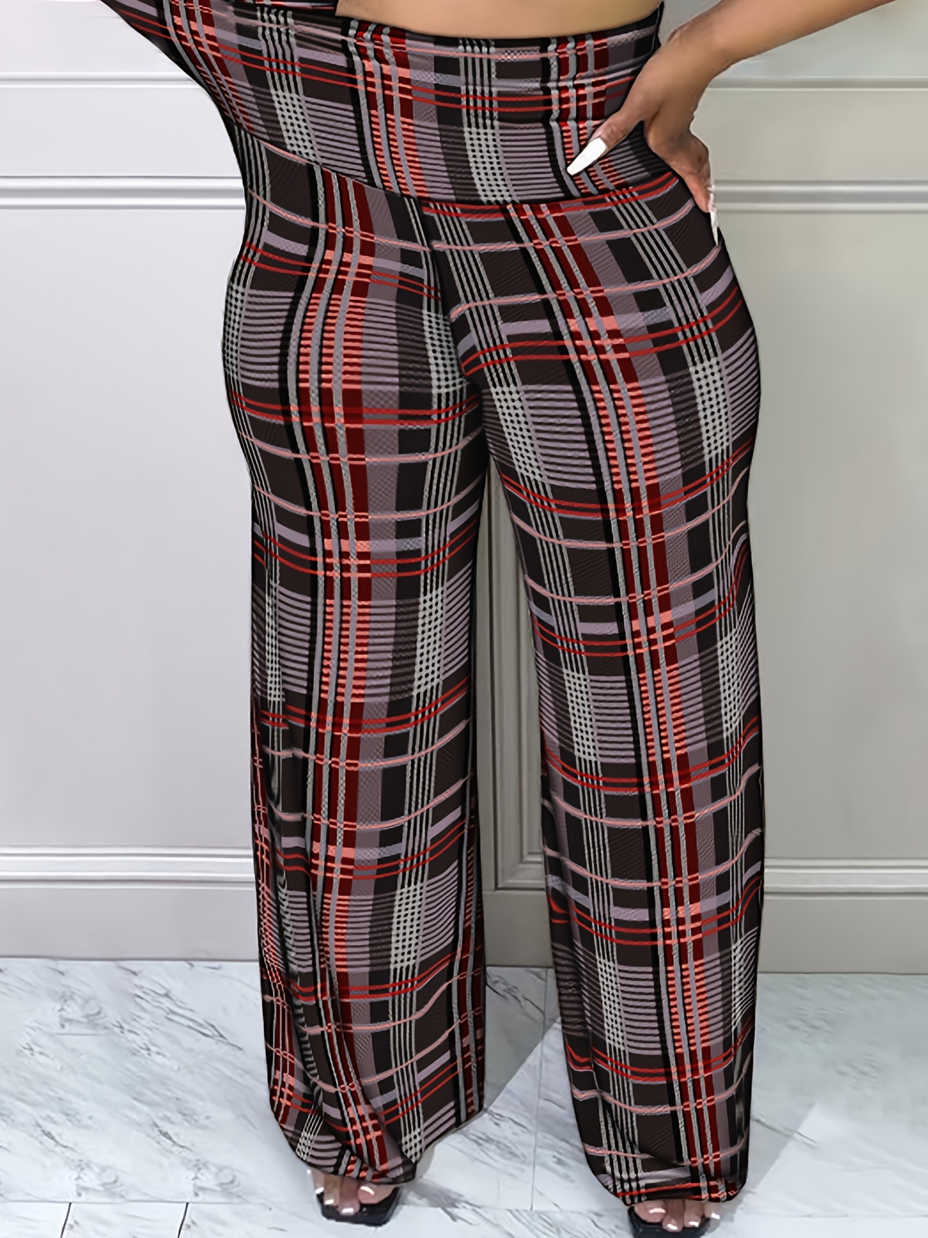 Women's Stylish Plaid Pants High Waist Wide Leg Pants Casual - Temu Canada