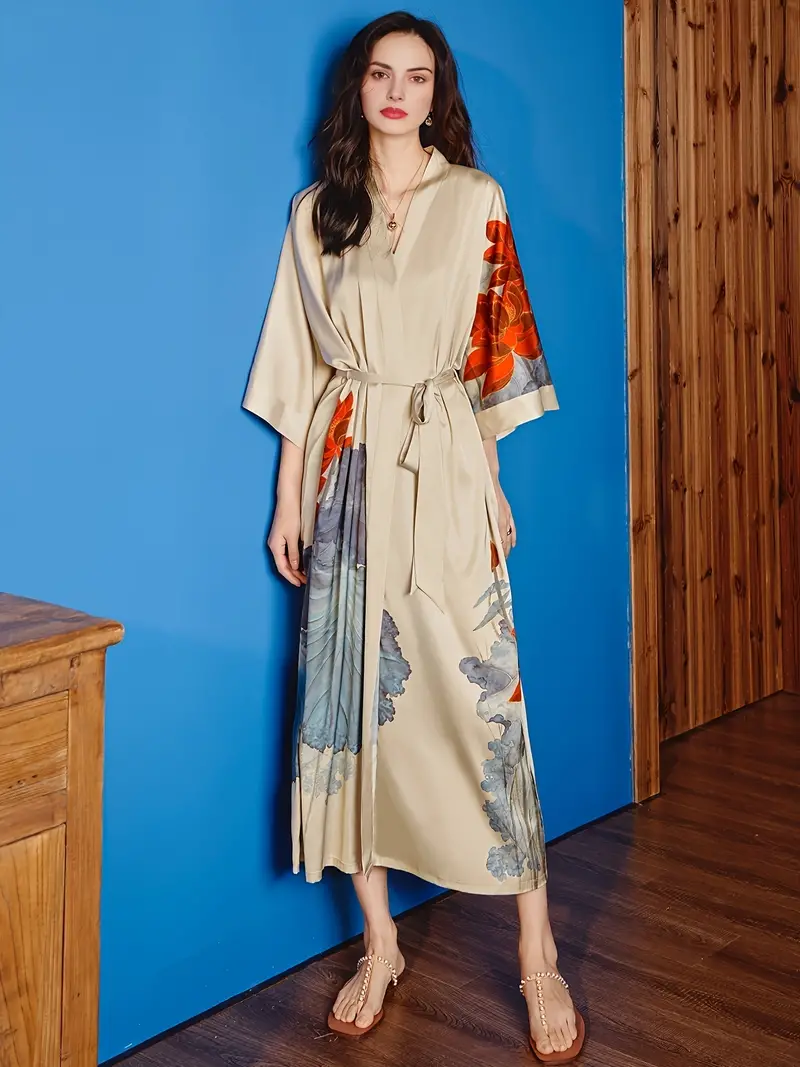 Kimono Robes For Women Long Satin Robe Floral Robes Kimonos Bathrobe  Dressing Gown