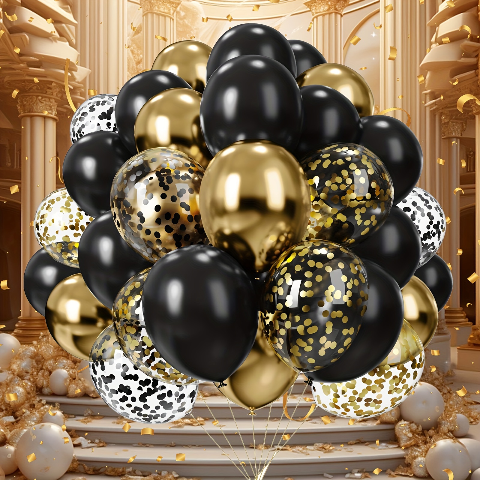 Lot de 50 ballons de confettis en or noir - Ballons de confettis blancs et  noirs dorés de 12 pouces avec des rubans pour les décorations de fête de  mariage d'anniversaire de