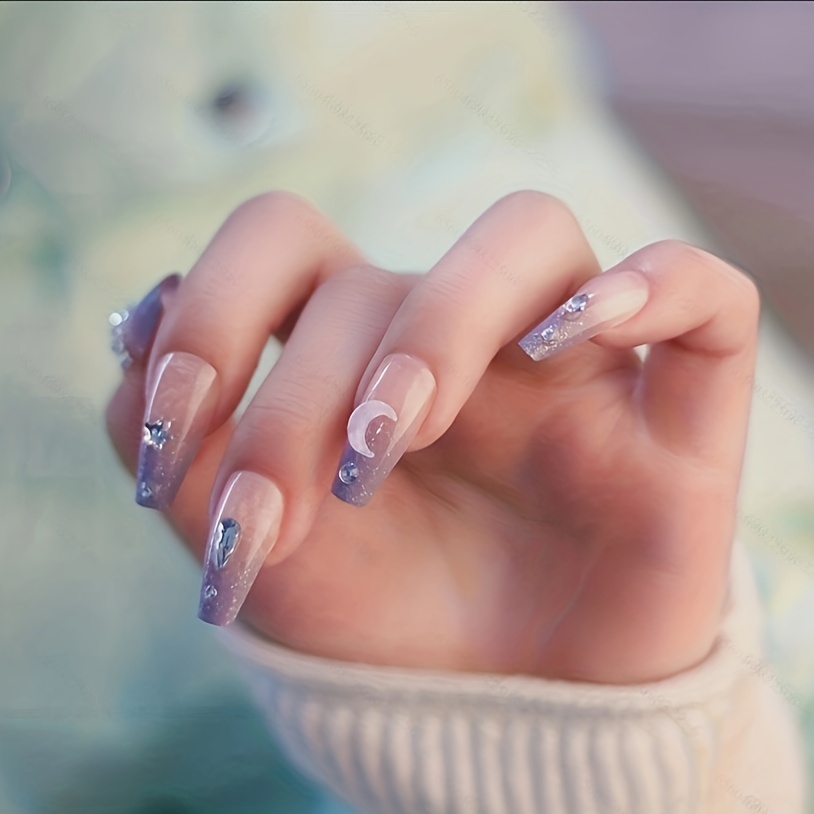 Gradient Ballerina Press On Nails With Wave And Star Designs,long Coffin  Fake Nails With Rhinestones,glossy False Nails For Women And Girls, - Temu