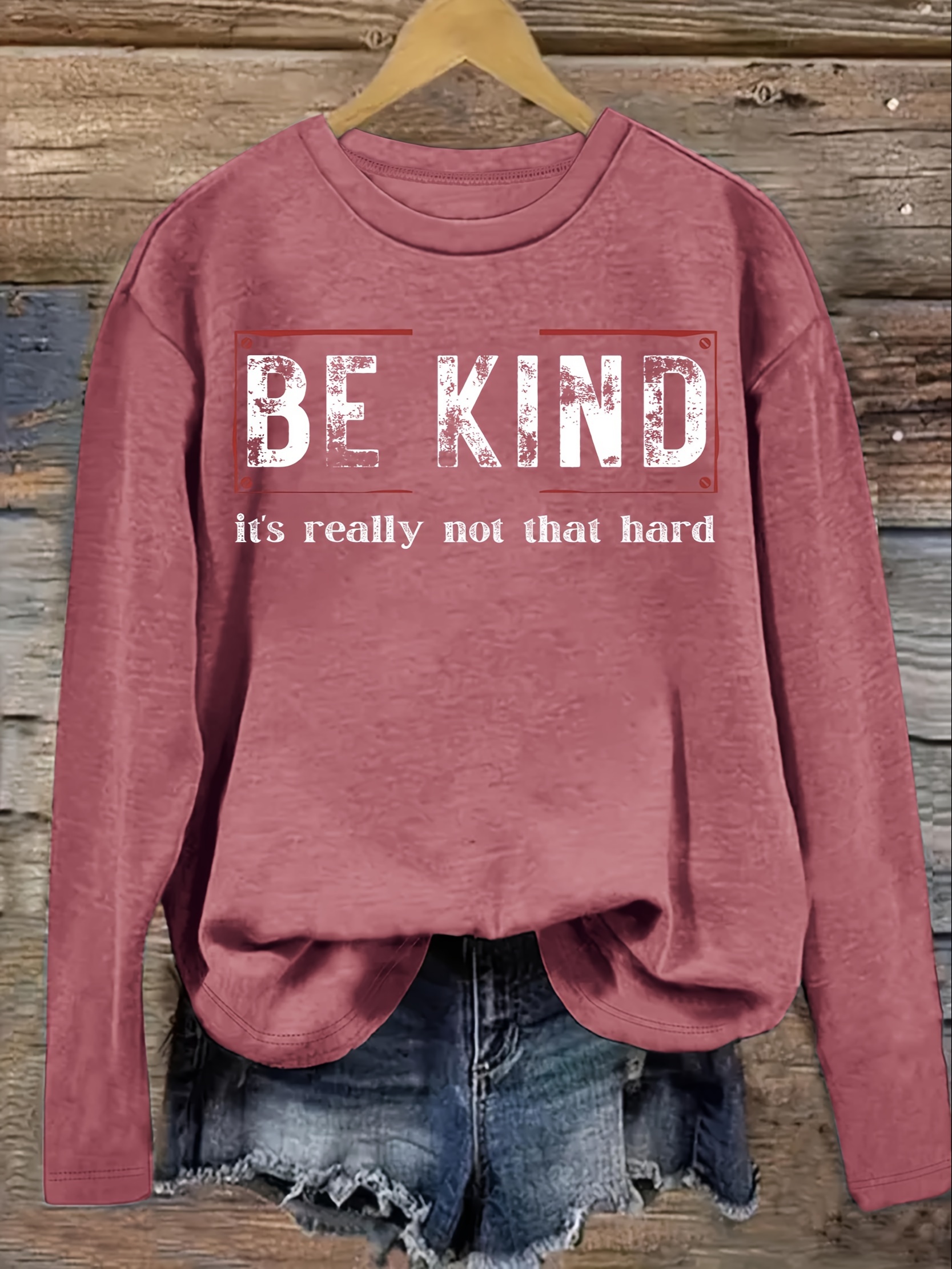 Be Kind Print T-Shirt, Casual Crew Neck Long Sleeve Top For Spring & Fall, Women's Clothing
