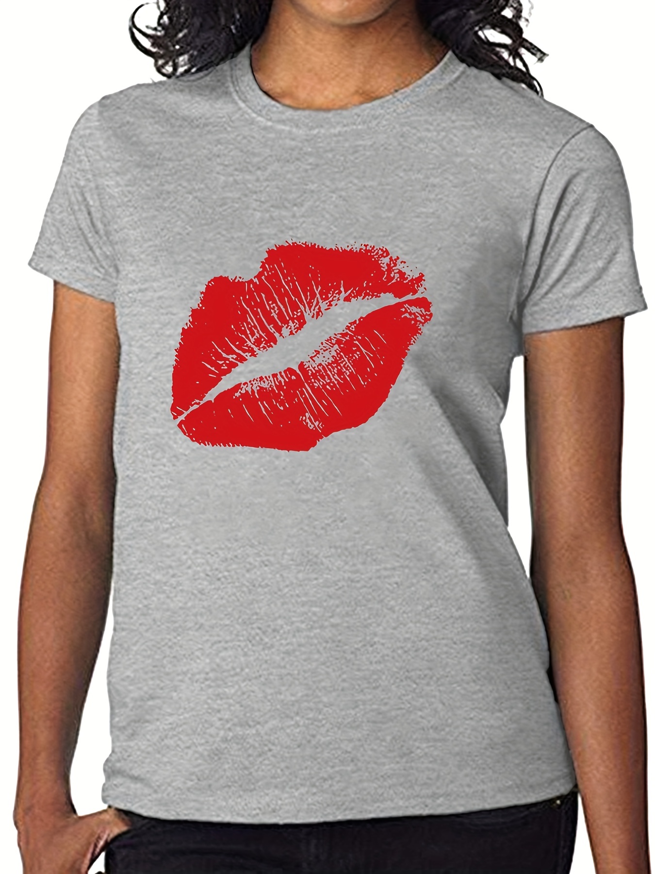 Red Lips Print T shirt Summer Short Sleeve Casual Top - Temu