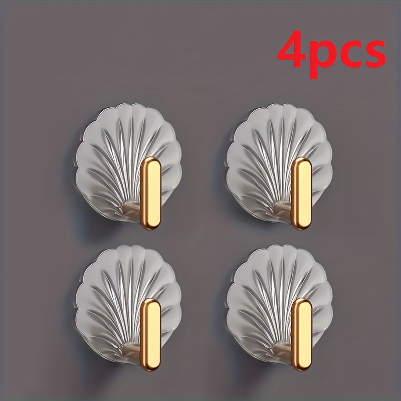 4pcs Shell Shaped Hook, Single Sticky Wall Hook, Waterproof Self Adhesive  Hanging Hook, Bathroom Kitchen Towel Hook, Household Key & Coat Hook, For Ki