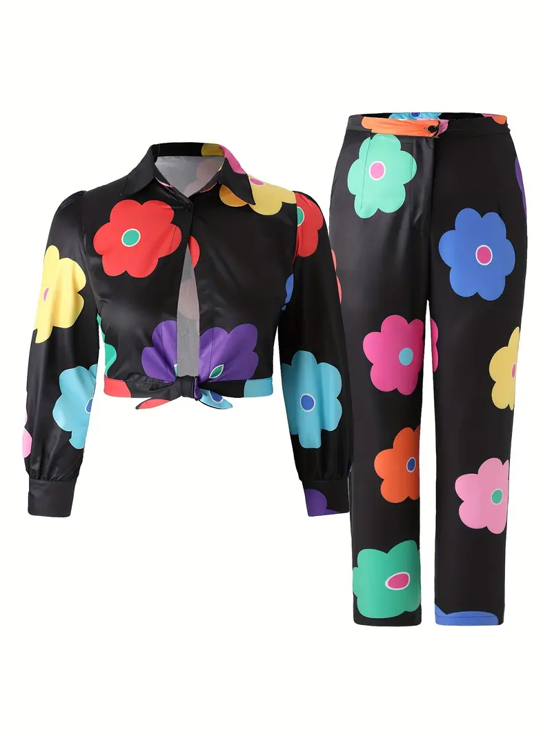 plus size cute outfits set womens plus colorful floral print long sleeve button up shirt pants vacay outfits 2 piece set details 9