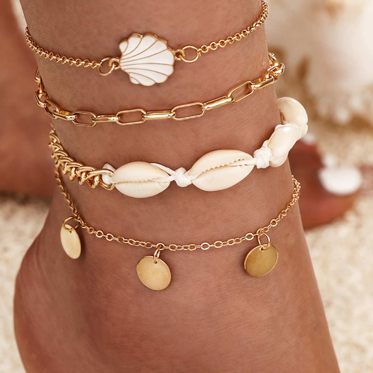 

4 Pcs/set Of Delicate White Shell Round Piece Pendant Anklet Iron Jewelry Vintage Elegant Style Stackable Female Foot Chian