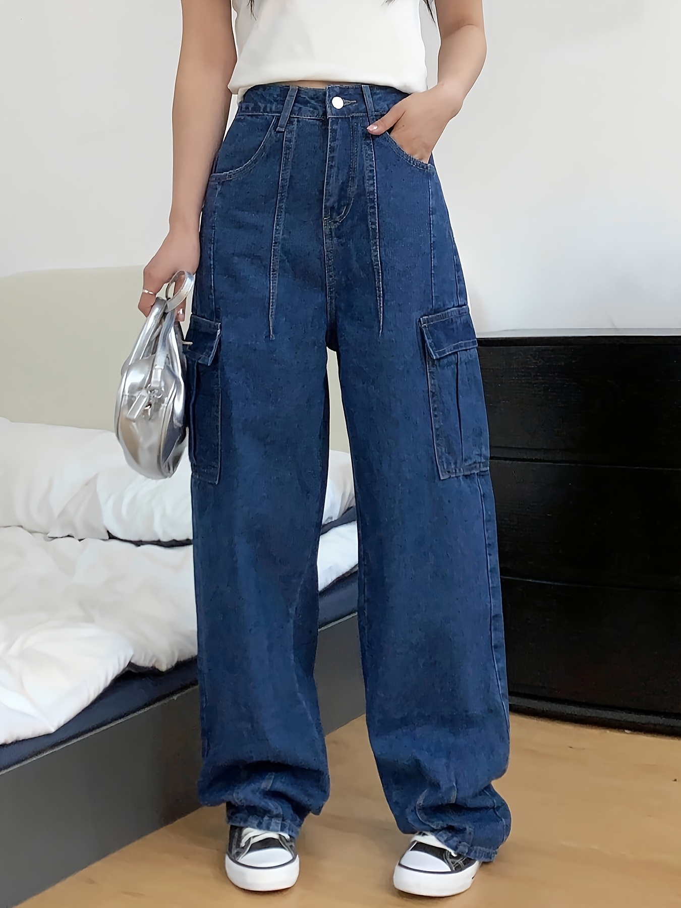 Low Rise Wide Leg Stacked Jeans, Dark Blue Slim Fit Loose Baggy Hem  Stretchy Denim Pants, Y2K Women's Denim & Clothing