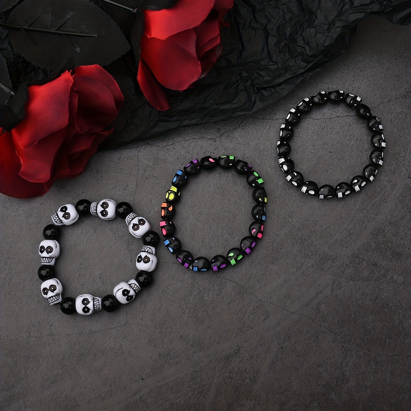 Women's Punk Style Skull Bead Bracelets 3pcs Elastic Stretch Wristbands