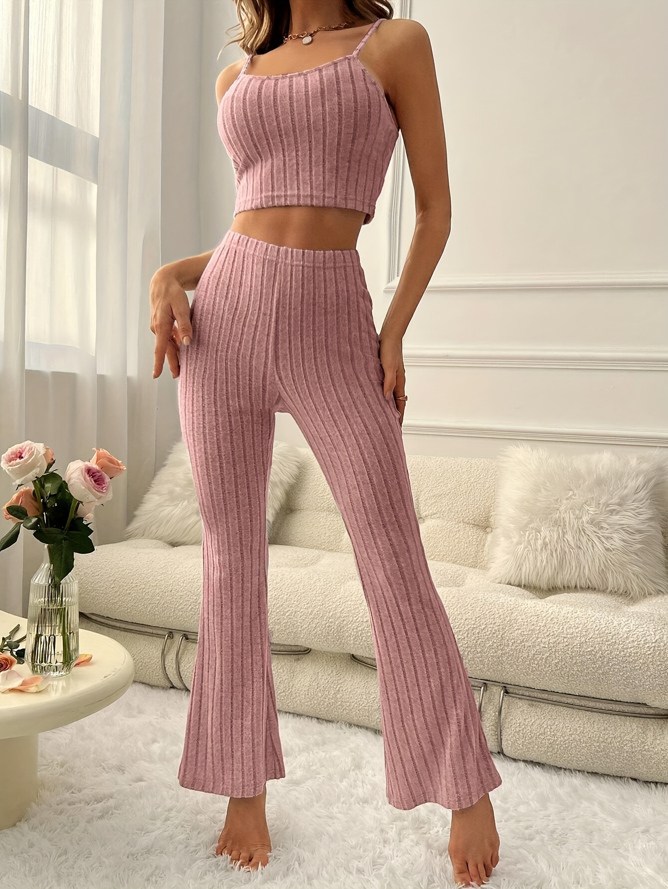 Solid Ribbed Lounge Set, Crew Neck Cami Top & Elastic Waistband Pants,  Women's Loungewear & Sleepwear