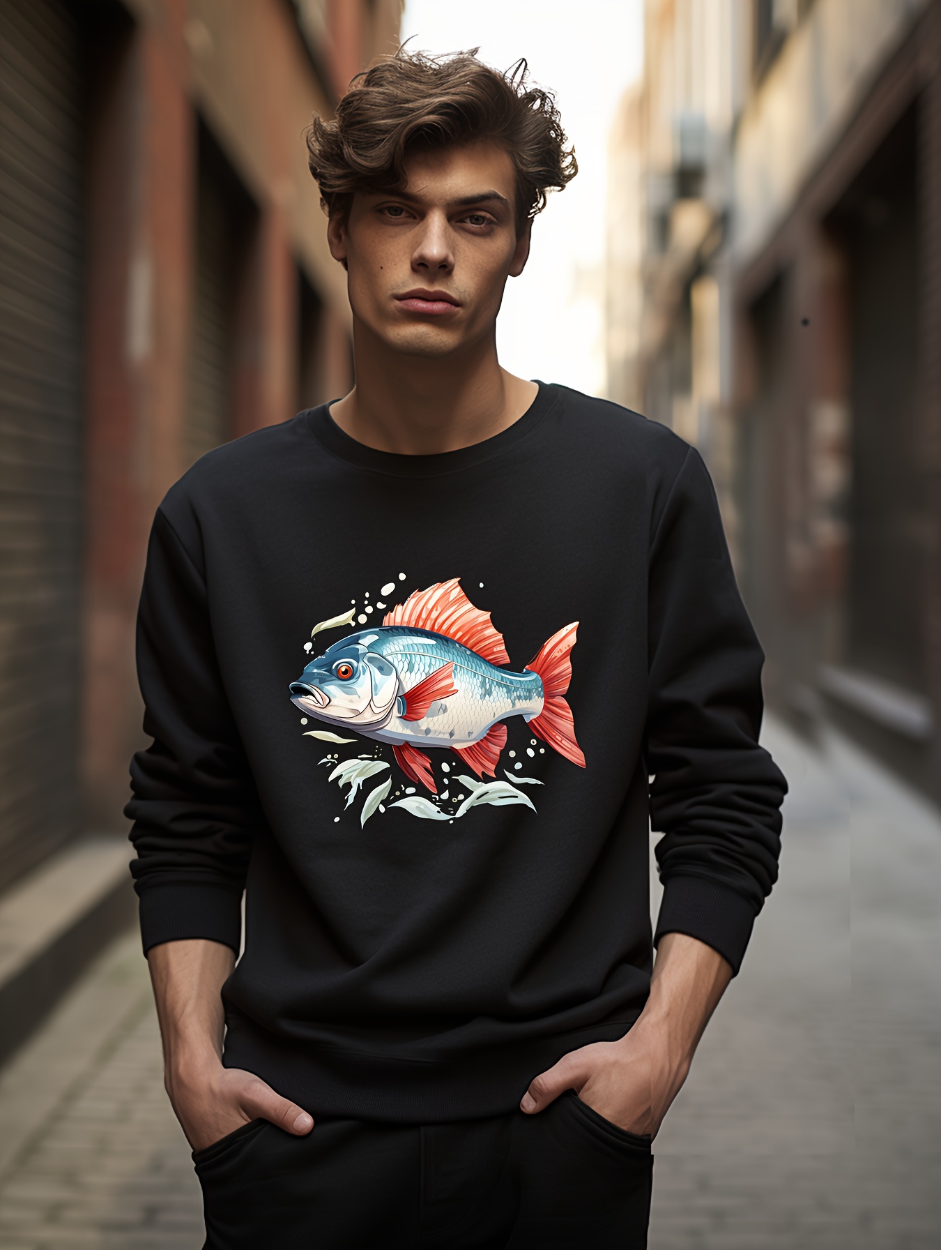 Fish Dark Clouds Print Men's Pullover Round Neck Long Sleeve