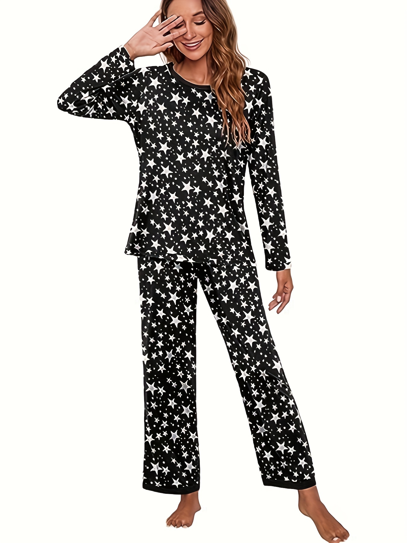 Pattern Print Lounge Set Long Sleeve Crew Neck Top & Pants Women's Loungewear