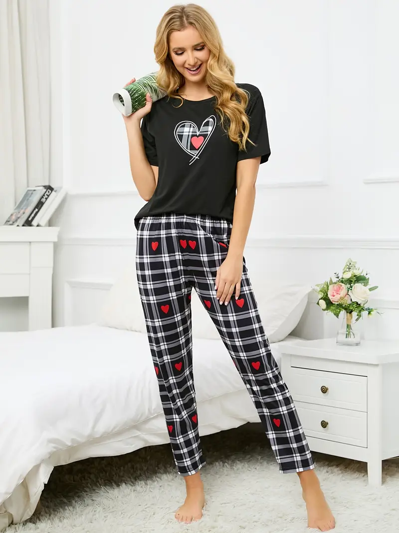 Love Black Gray White Plaid Print Pajamas Set, Comfy Crew Neck Short Sleeve  Top & Loose Long Pant, Women's Loungewear & Sleepwear
