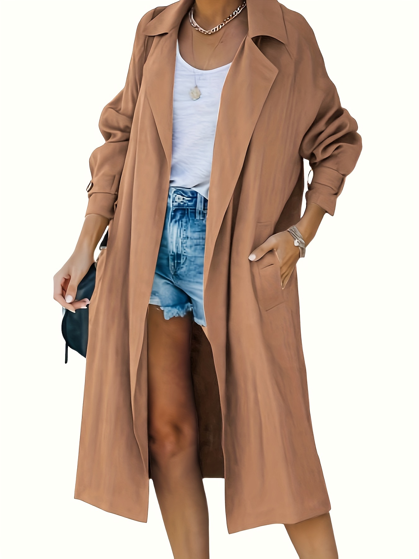 solid notched collar trench coat casual long sleeve midi length coat womens clothing